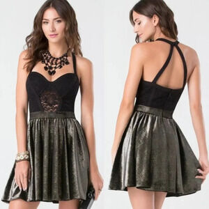 bebe *NEW* Gold Black & Metallic Romantic Whimsy Goth Velour Y2K Mini Dress *XS